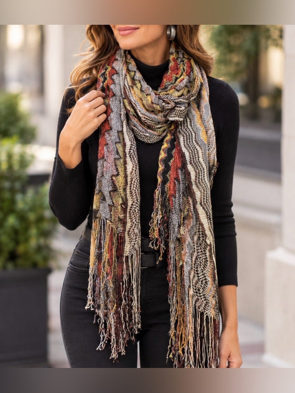Multicolor Boho Woven Fringe Scarf Zigzag Pattern Lightweight Wrap